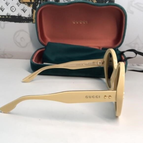 New ✨ Authentic Gucci GG1081S 004 Round Sunglasses – Yellow Frame with Brown Len - Picture 8 of 12